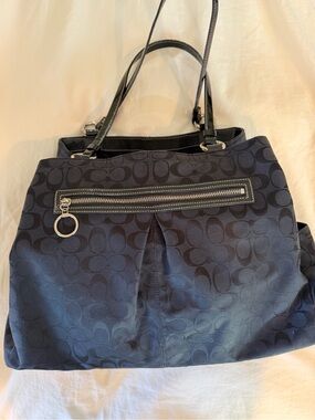 Coach Extra Large Black Signature Tote with Front Zip and Leather Handles
